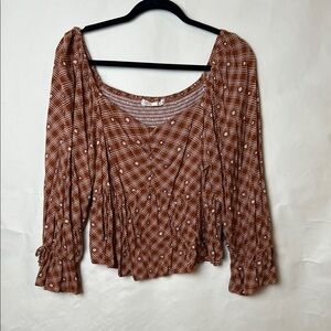 Rewind Brown and White Ruffled Long Sleeve Blouse